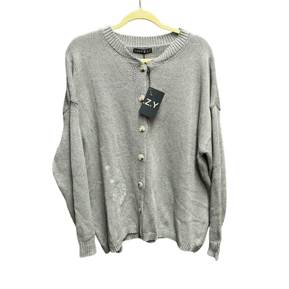 C.O.Z.Y Cardigan Sweater Women 12 Gray Oversized Knit Button Down Cozycore
